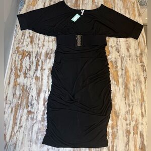 NWT Studio Y Black Belted Ruched Sheath Dress
